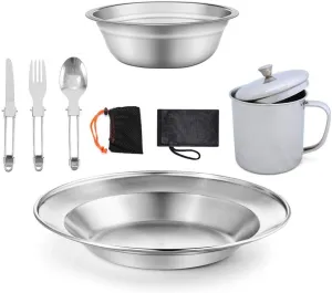 1 Set Of Outdoor Camping Portable Stainless Steel Tableware Set