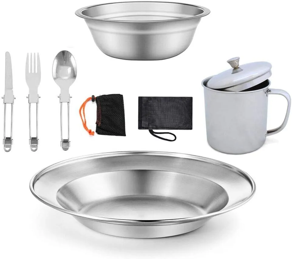 1 Set Of Outdoor Camping Portable Stainless Steel Tableware Set