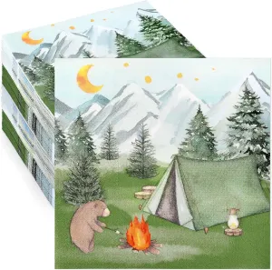 100 Pcs Camping Paper Napkins Happy Camping Party Napkins Disposable Tent Camping Napkins for Labor Day Outdoor Adventure Camping Party Decorations Tableware Supplies