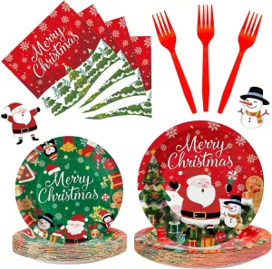 100 Pcs Merry Christmas Plates and Napkins Sets - Cute Winter Christmas Round Tableware, Disposable Christmas Paper Plates and Napkins Forks for Christmas Party Supplies Favors Table Decor, Serves 25