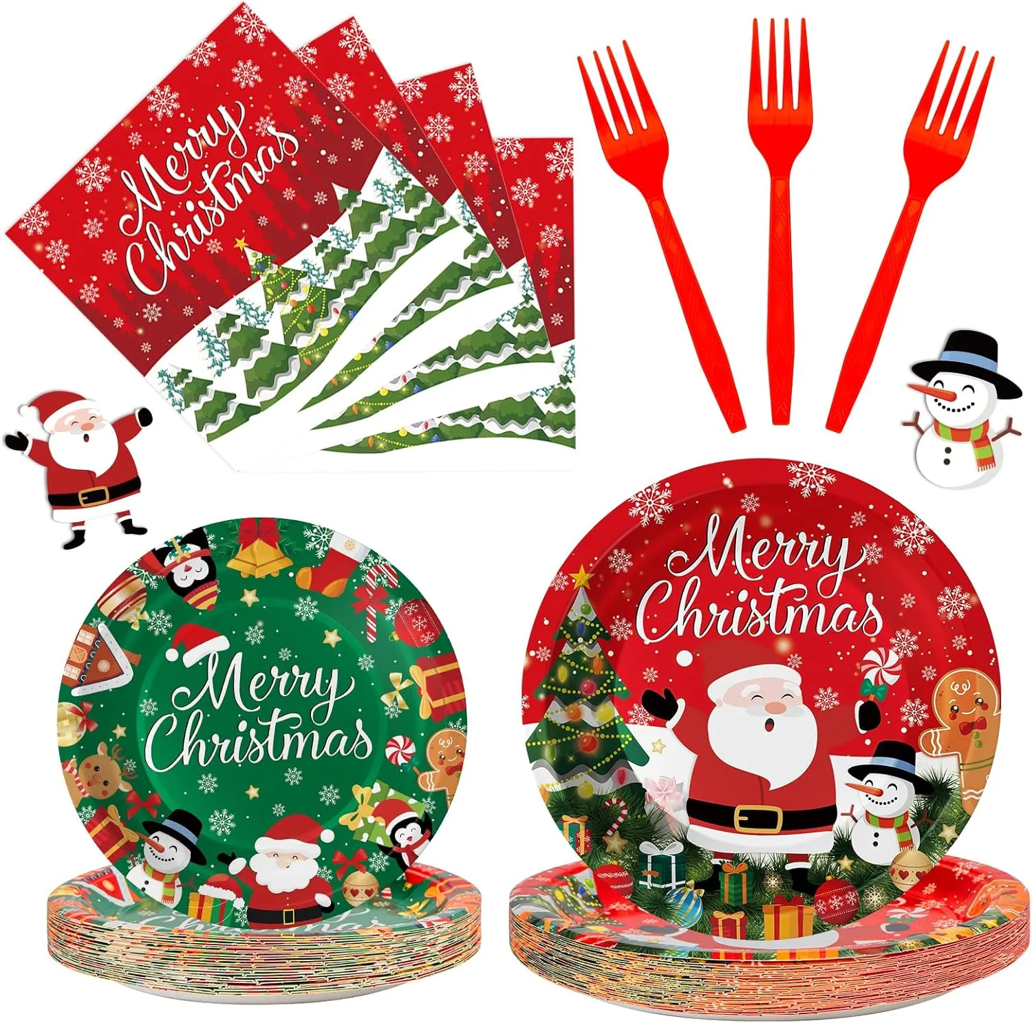 100 Pcs Merry Christmas Plates and Napkins Sets - Cute Winter Christmas Round Tableware, Disposable Christmas Paper Plates and Napkins Forks for Christmas Party Supplies Favors Table Decor, Serves 25
