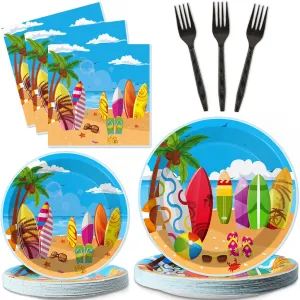 100 Pcs Summer Beach Surfing Theme Party Supplies Tableware Set Dinner Dessert Paper Plates Napkins Forks for Sun Pool Surfs up Luau Bbq Birthday Picnic Disposable Dinnerware Decors Plate Serves 25