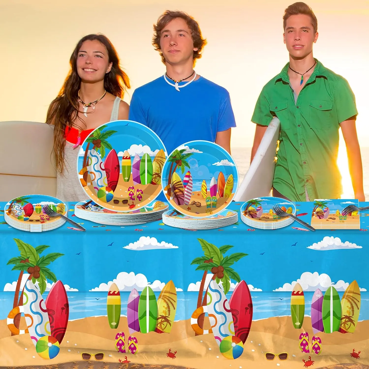 100 Pcs Summer Beach Surfing Theme Party Supplies Tableware Set Dinner Dessert Paper Plates Napkins Forks for Sun Pool Surfs up Luau Bbq Birthday Picnic Disposable Dinnerware Decors Plate Serves 25