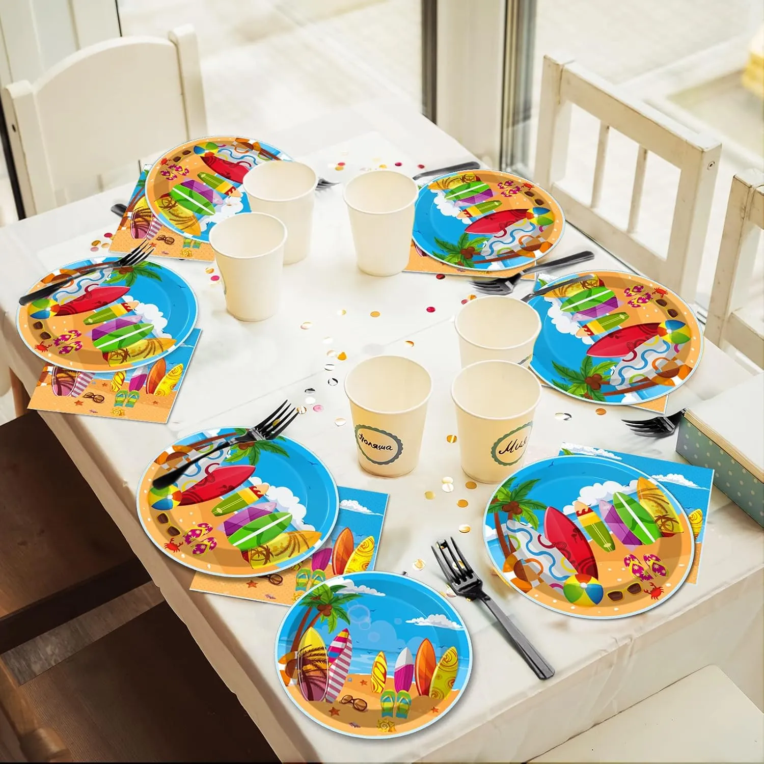 100 Pcs Summer Beach Surfing Theme Party Supplies Tableware Set Dinner Dessert Paper Plates Napkins Forks for Sun Pool Surfs up Luau Bbq Birthday Picnic Disposable Dinnerware Decors Plate Serves 25