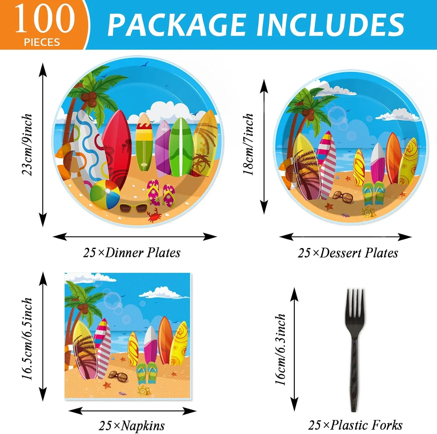 100 Pcs Summer Beach Surfing Theme Party Supplies Tableware Set Dinner Dessert Paper Plates Napkins Forks for Sun Pool Surfs up Luau Bbq Birthday Picnic Disposable Dinnerware Decors Plate Serves 25