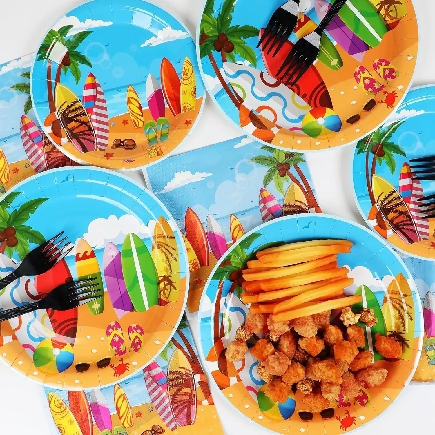 100 Pcs Summer Beach Surfing Theme Party Supplies Tableware Set Dinner Dessert Paper Plates Napkins Forks for Sun Pool Surfs up Luau Bbq Birthday Picnic Disposable Dinnerware Decors Plate Serves 25