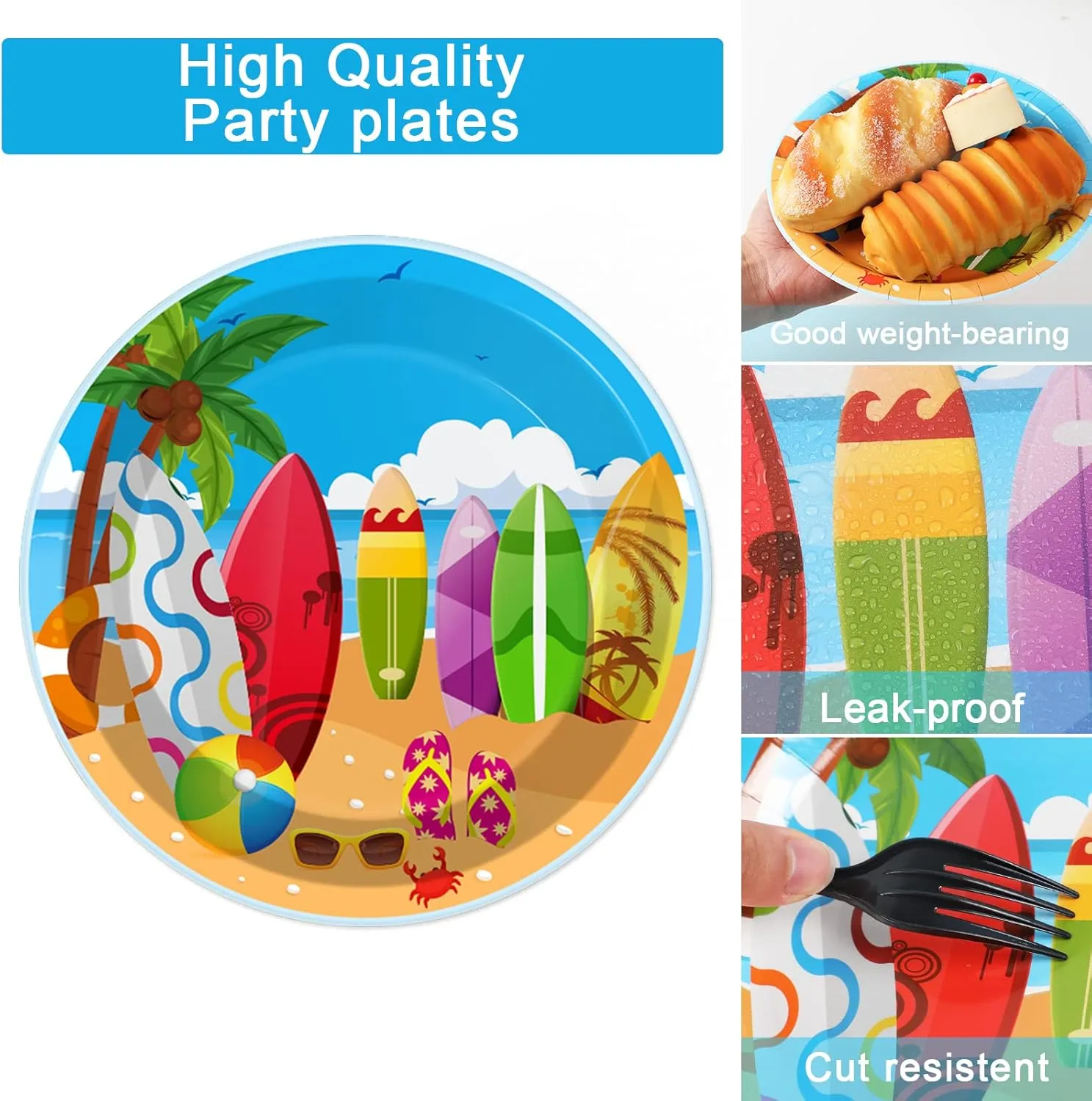 100 Pcs Summer Beach Surfing Theme Party Supplies Tableware Set Dinner Dessert Paper Plates Napkins Forks for Sun Pool Surfs up Luau Bbq Birthday Picnic Disposable Dinnerware Decors Plate Serves 25