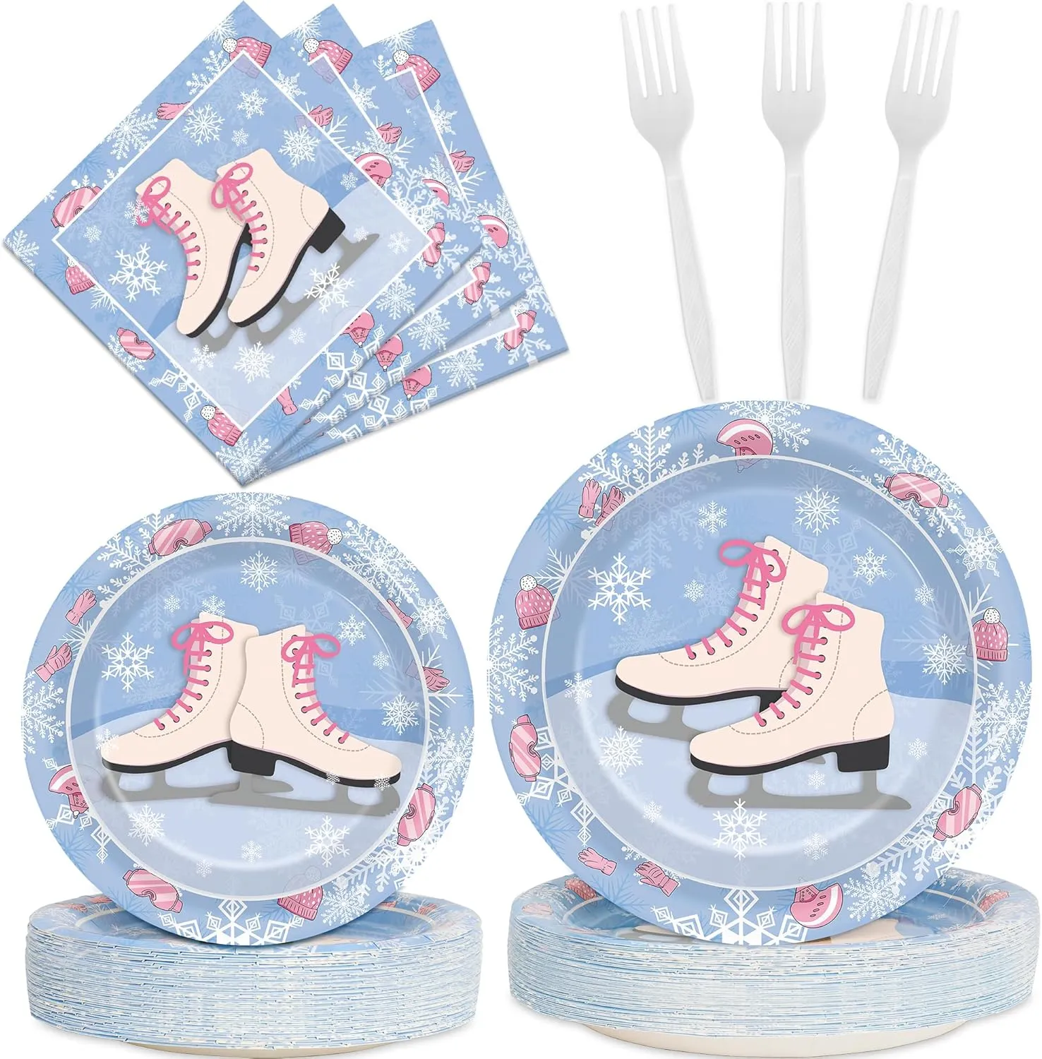 100 Pieces Roller Ice Skating Party Plates Skating Tableware Set Winter Skate Dinnerware Disposable Paper Dessert Plate Napkins for Birthday Party Decorations Supplies Serve 25 Guests