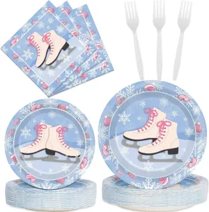 100 Pieces Roller Ice Skating Party Plates Skating Tableware Set Winter Skate Dinnerware Disposable Paper Dessert Plate Napkins for Birthday Party Decorations Supplies Serve 25 Guests