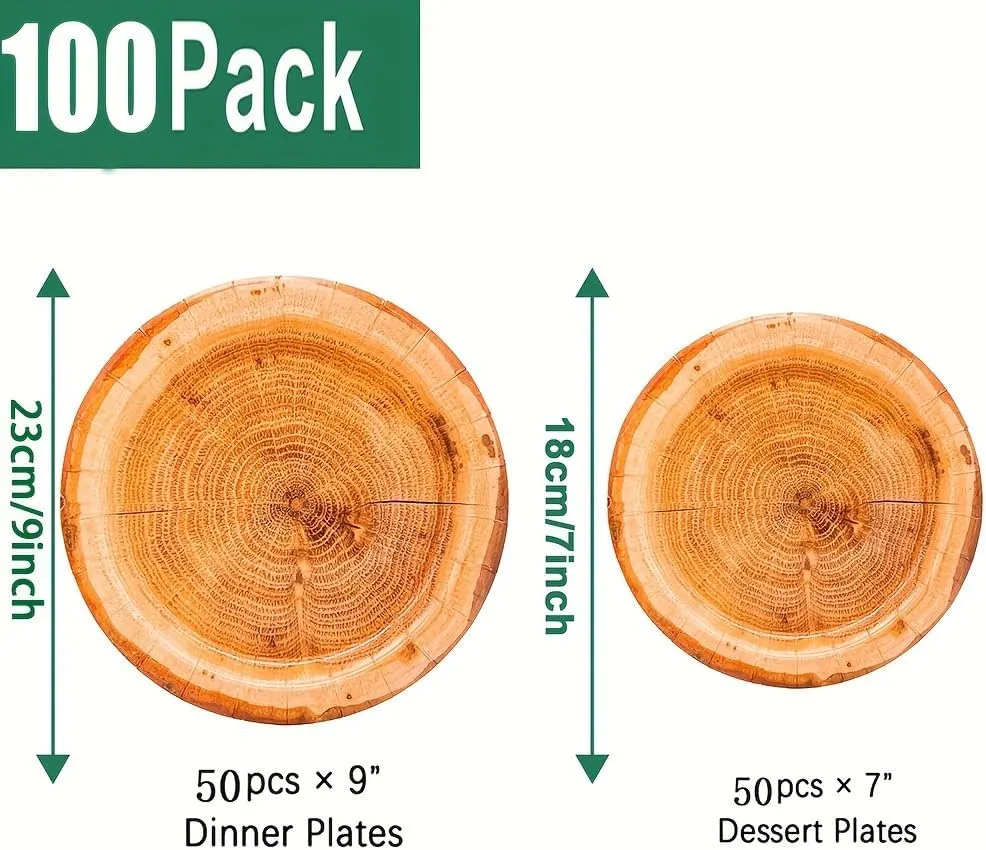 100Pcs Wood Grain Paper Plates Wood Grain Party Supplies 9"&7" Rustic Wood Slice Paper Plates for CampFire Camping Woodland Animal Baby Shower Lumberjack Cut Timber Birthday Party Decorations (100)