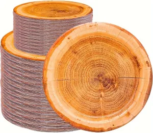100Pcs Wood Grain Paper Plates Wood Grain Party Supplies 9"&7" Rustic Wood Slice Paper Plates for CampFire Camping Woodland Animal Baby Shower Lumberjack Cut Timber Birthday Party Decorations (100)