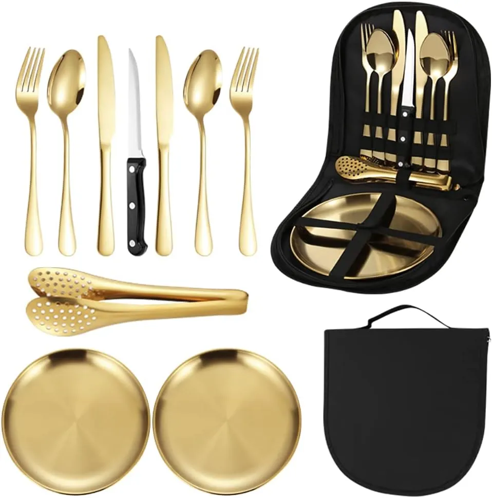 10pcs Set Of Portable Knife, Fork, Spoon, Plate, Steak Clip Set, Camping Picnic, 2 person Tableware Package, Outdoor Stainless Steel Tableware Set