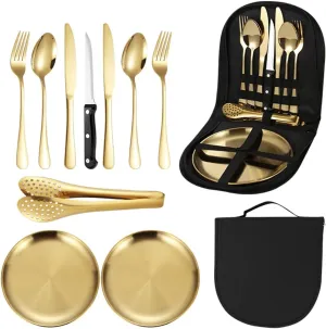 10pcs Set Of Portable Knife, Fork, Spoon, Plate, Steak Clip Set, Camping Picnic, 2 person Tableware Package, Outdoor Stainless Steel Tableware Set