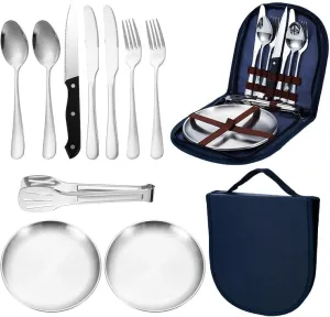 10Pcs Stainless Steel Spoon Set with Fork Tongs Ideal for Camping Complete Cutlery Kit with Organizer Portable for Hiking and Outdoors