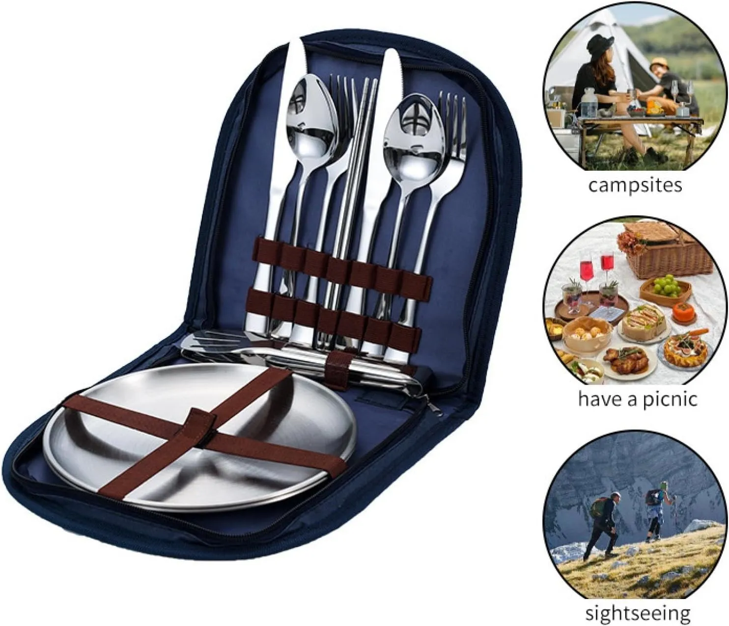10Pcs Stainless Steel Spoon Set with Fork Tongs Ideal for Camping Complete Cutlery Kit with Organizer Portable for Hiking and Outdoors