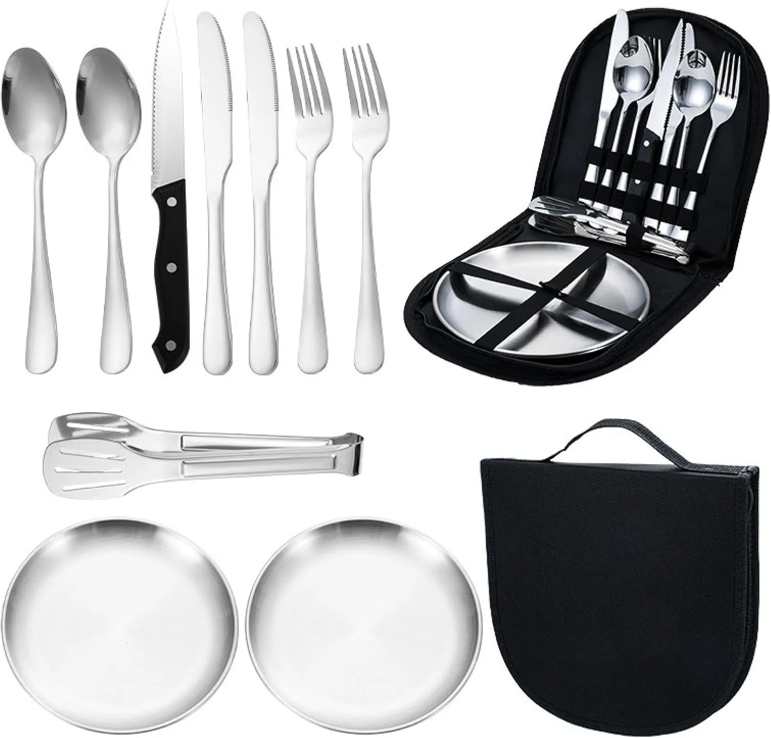 10Pcs Stainless Steel Spoon Set with Fork Tongs Ideal for Camping Complete Cutlery Kit with Organizer Portable for Hiking and Outdoors