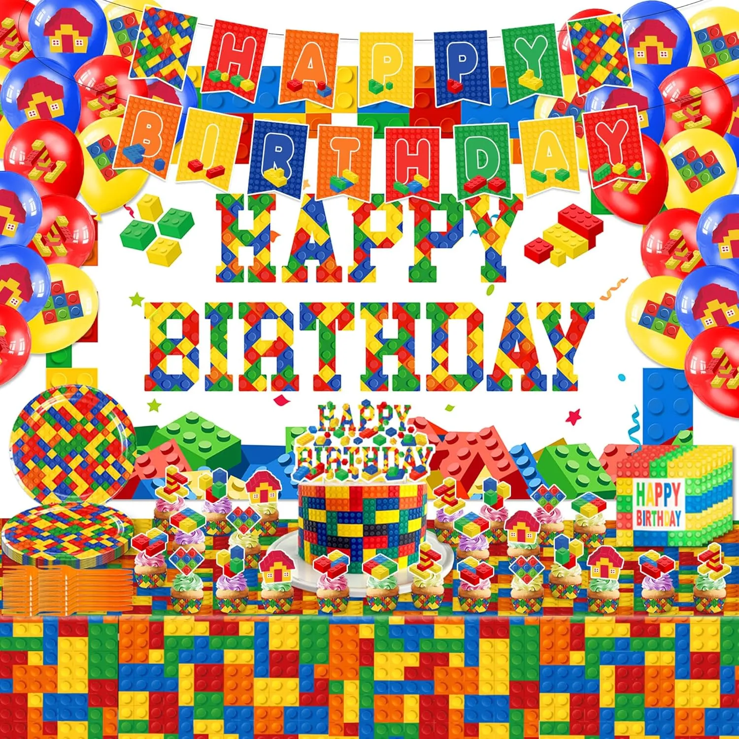 118 Pcs Building Blocks Leg-o Party Supplies - Building Theme Decorations Include Banner Backdrop Balloon Plate Fork Tissue Tablecloth Cupcake Topper Party Favors for Kids Boys Teens