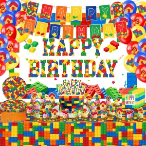 118 Pcs Building Blocks Leg-o Party Supplies - Building Theme Decorations Include Banner Backdrop Balloon Plate Fork Tissue Tablecloth Cupcake Topper Party Favors for Kids Boys Teens