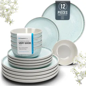 12 Piece Dinnerware Sets for 4 - Modern Style Stoneware Dinnerware Set - Scratch Resistant, Dishwasher, Microwave Safe Plates and Bowls Sets Ceramic, Bowl and Plate Set - Beige and Light Blue…