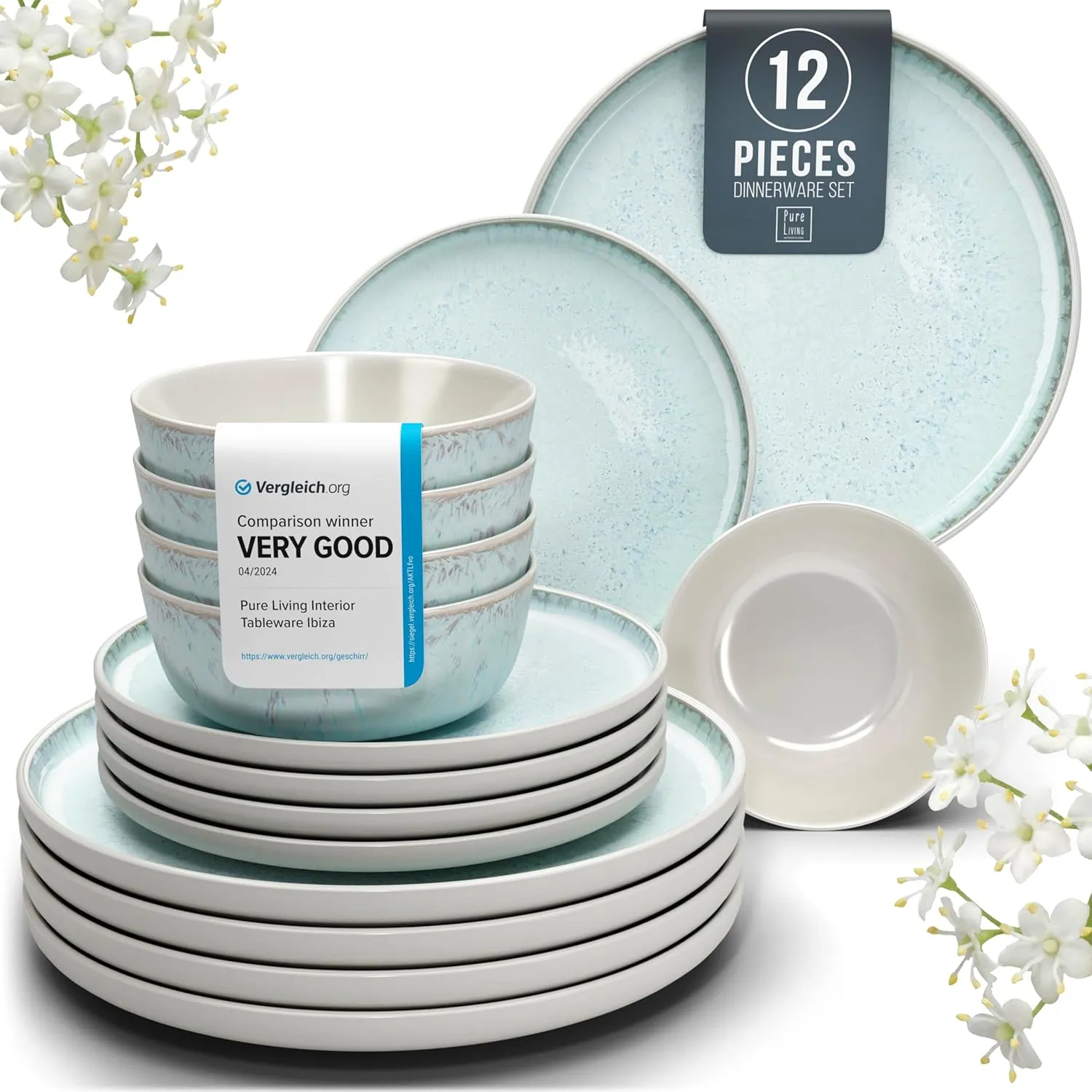 12 Piece Dinnerware Sets for 4 - Modern Style Stoneware Dinnerware Set - Scratch Resistant, Dishwasher, Microwave Safe Plates and Bowls Sets Ceramic, Bowl and Plate Set - Beige and Light Blue…