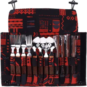 12 Piece Stainless Steel Tableware Set with Wooden Handles for 4 Persons, Including Forks, Spoons and Chopsticks, Complete with Carrying, Ideal for Barbecue and Camping