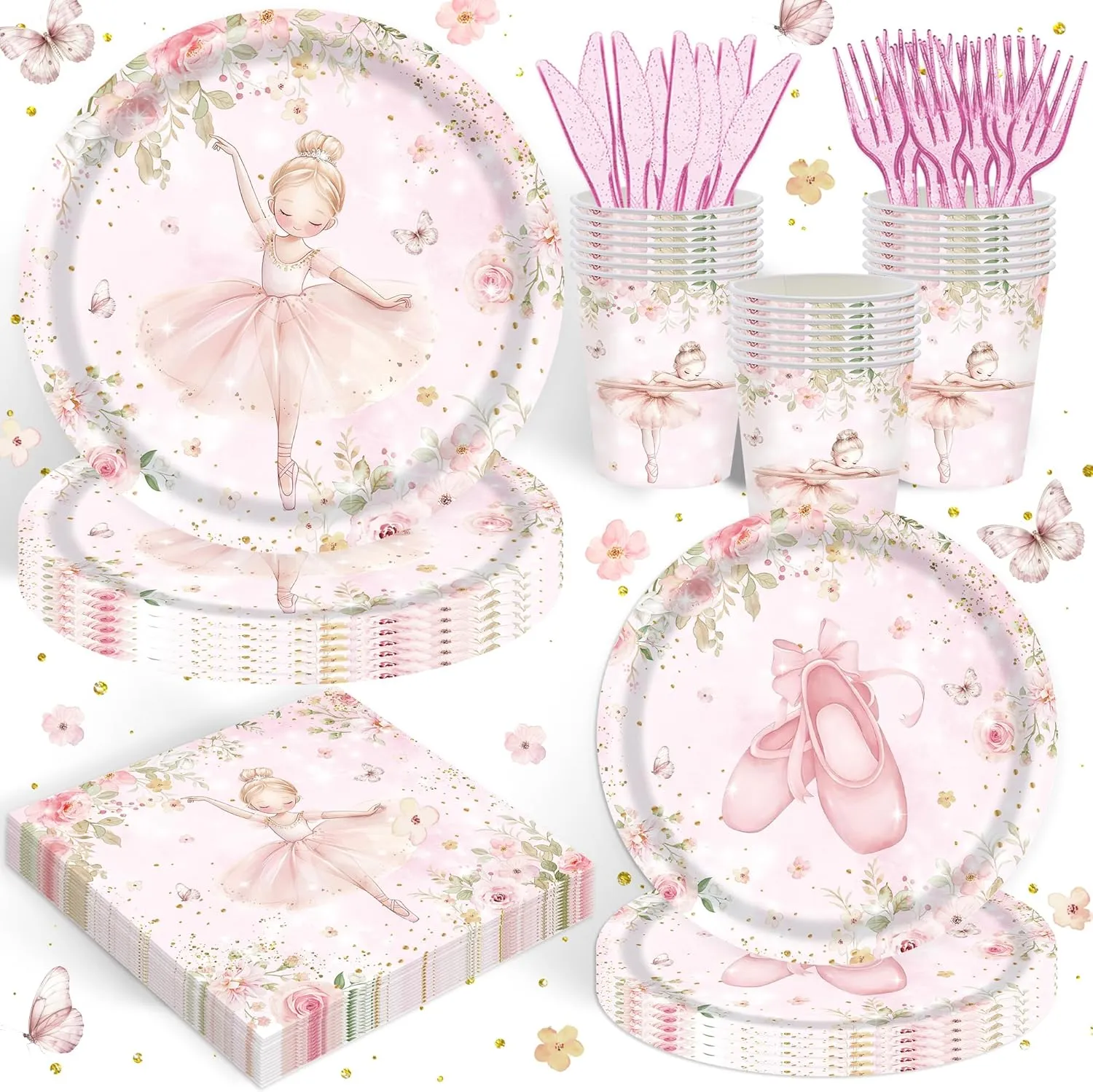 120PCS Ballerina Party Supplies for Girls Dancing Themed 1st 2nd Birthday Party Decorations Cute Pink Ballet Tutu Babyshower Tableware Set Paper Plates Napkins Cups Set for 20 Guests