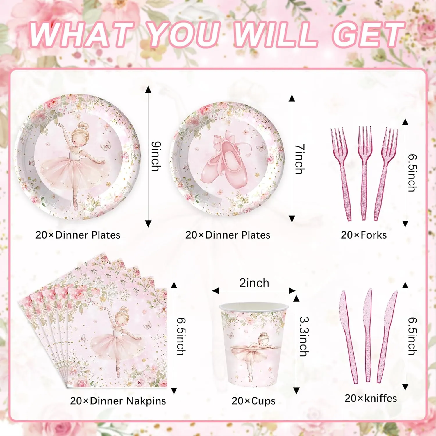 120PCS Ballerina Party Supplies for Girls Dancing Themed 1st 2nd Birthday Party Decorations Cute Pink Ballet Tutu Babyshower Tableware Set Paper Plates Napkins Cups Set for 20 Guests
