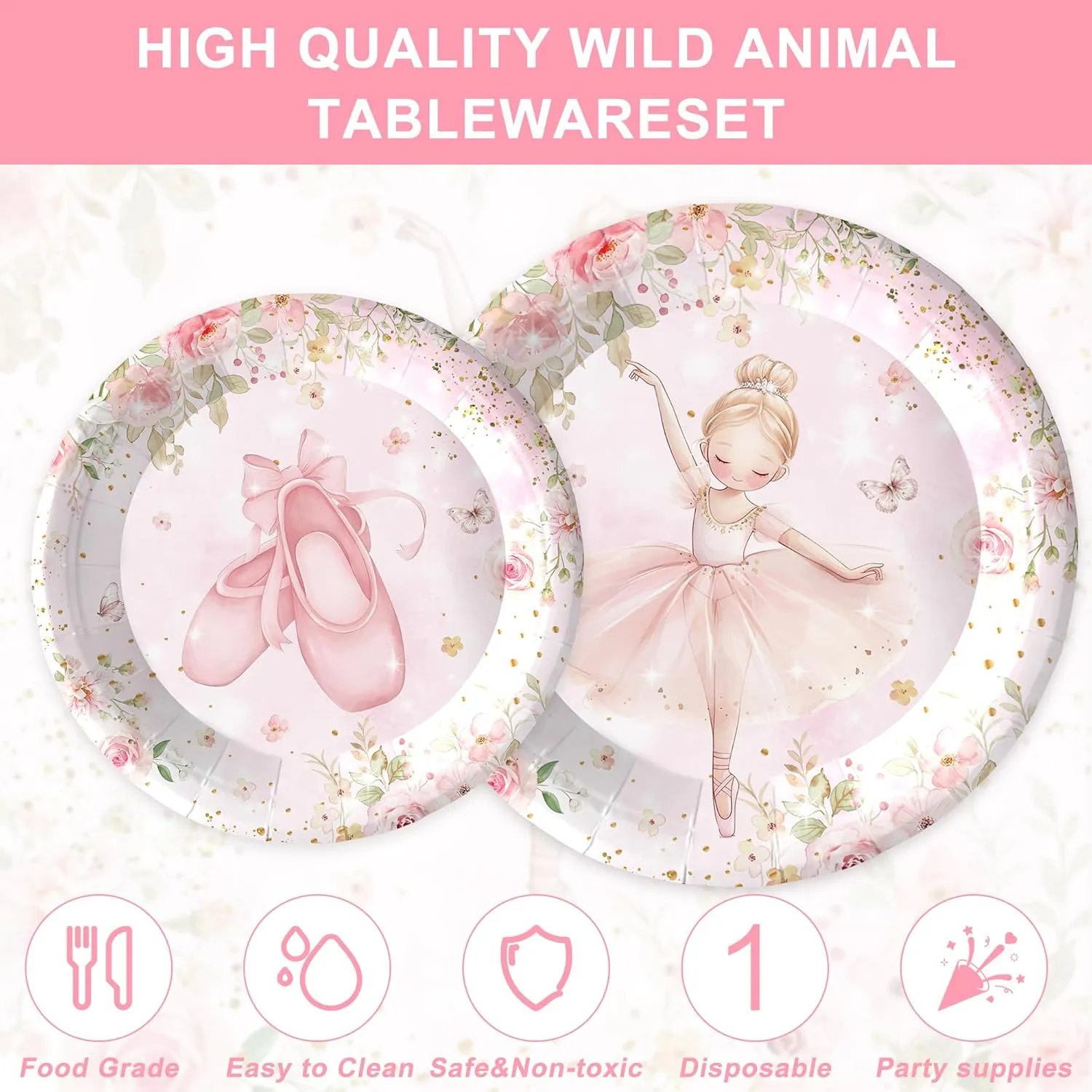 120PCS Ballerina Party Supplies for Girls Dancing Themed 1st 2nd Birthday Party Decorations Cute Pink Ballet Tutu Babyshower Tableware Set Paper Plates Napkins Cups Set for 20 Guests