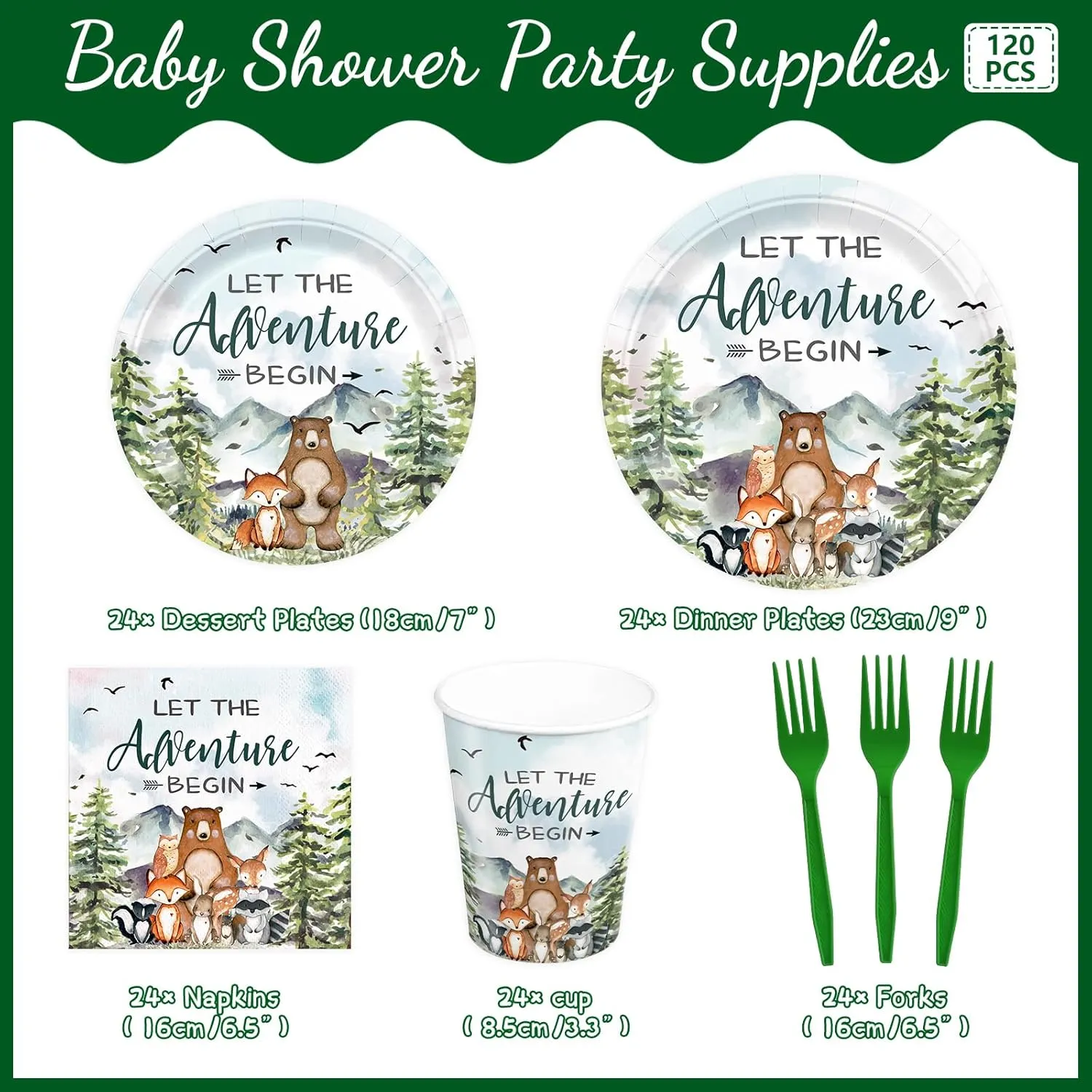 120pcs Let The Adventure Begin Party Supplies Baby Shower Plates Napkins Tableware Set Disposable Cups Green Forks Adventure Party Supplies for 24 Guests