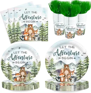 120pcs Let The Adventure Begin Party Supplies Baby Shower Plates Napkins Tableware Set Disposable Cups Green Forks Adventure Party Supplies for 24 Guests