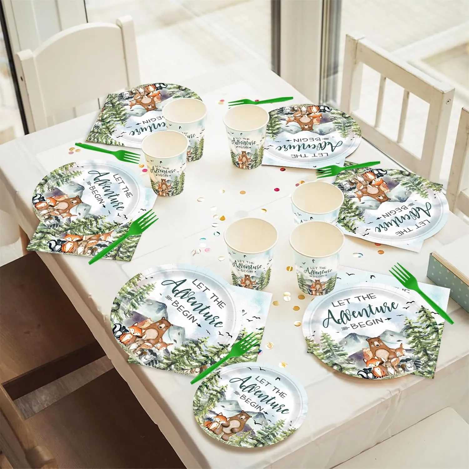 120pcs Let The Adventure Begin Party Supplies Baby Shower Plates Napkins Tableware Set Disposable Cups Green Forks Adventure Party Supplies for 24 Guests