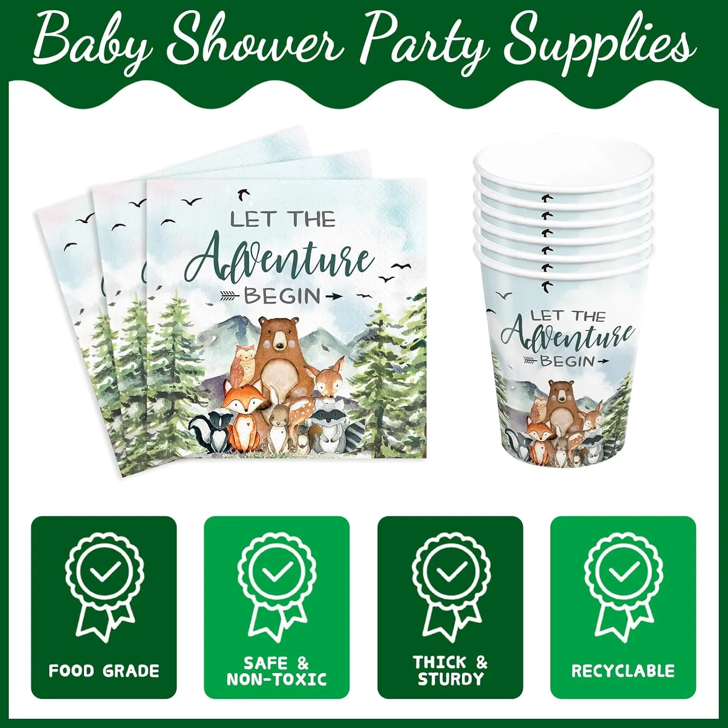 120pcs Let The Adventure Begin Party Supplies Baby Shower Plates Napkins Tableware Set Disposable Cups Green Forks Adventure Party Supplies for 24 Guests