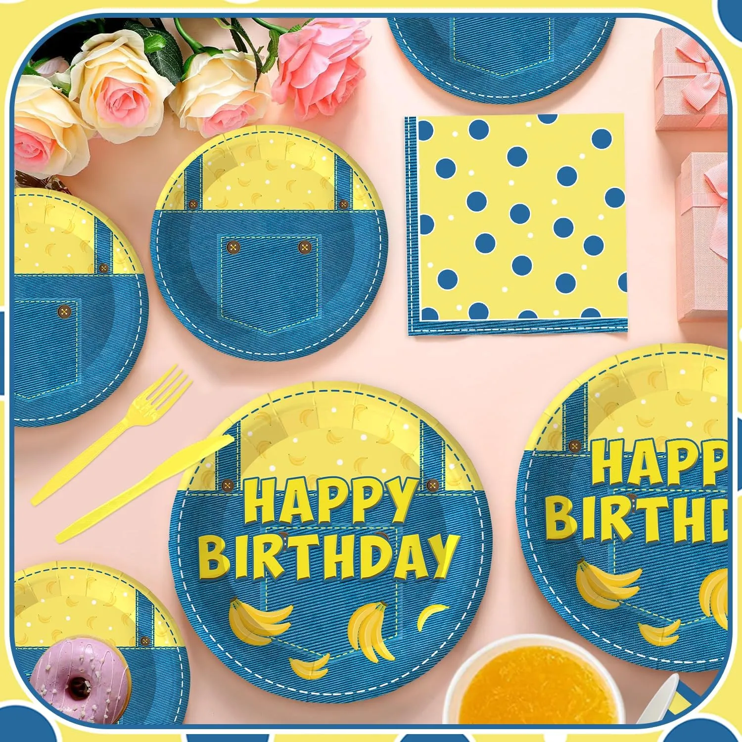 120PCS Yellow Cartoon Themed Party Supplies for Boys Girls 1st 2nd Birthday Party Banana Cake Table Decorations Plates Napkin Cups Tableware Set for 20 Guests