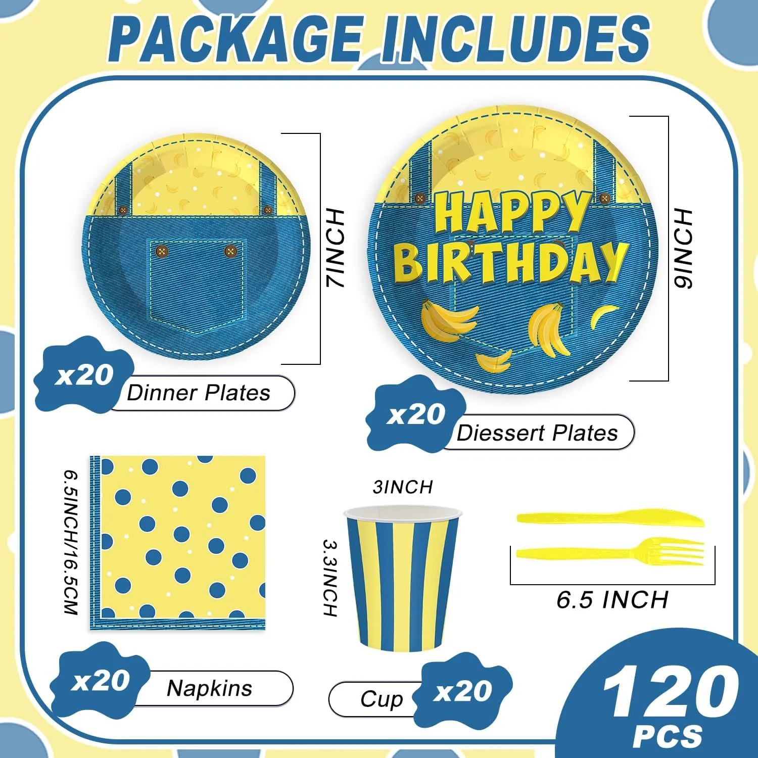 120PCS Yellow Cartoon Themed Party Supplies for Boys Girls 1st 2nd Birthday Party Banana Cake Table Decorations Plates Napkin Cups Tableware Set for 20 Guests