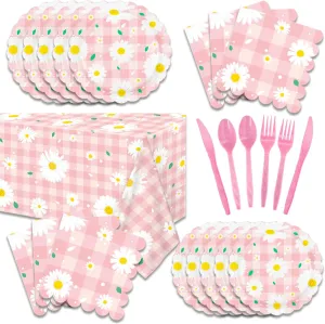 121Pcs Daisy Birthday Party Decorations Tableware Set Flower Plates Napkins Knives Forks Spoons and Tablecover for Girls Serve 20 Guests