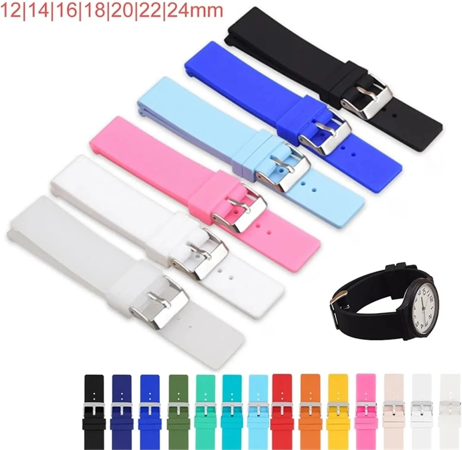 12mm 14mm 16mm 18mm 20mm 22mm 24mm Silicone Watch Band Universal Rubber Sport Waterproof Replacement Strap