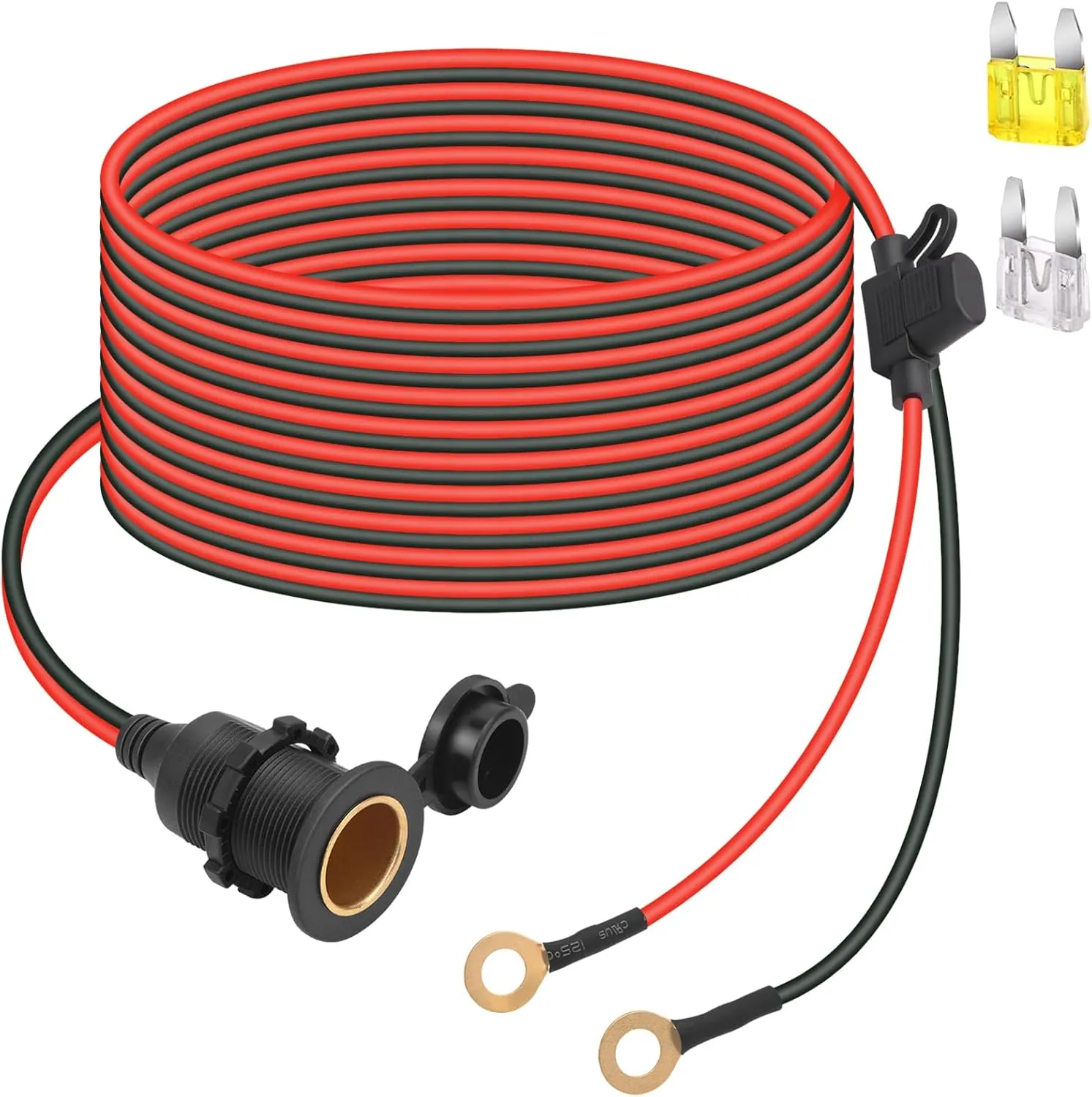 12V/24V Fixed Thread Cigarette Lighter Socket Extension Cable with Perforated Terminal Direct Battery Type car Adapter 2.5mm² 20A Heavy Duty Cable 12 FT（Free Two Blade fuses）