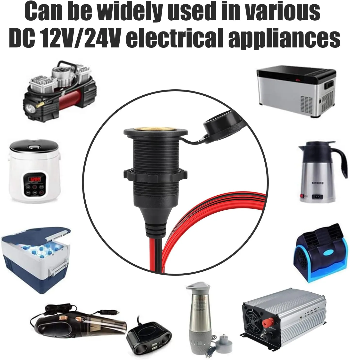 12V/24V Fixed Thread Cigarette Lighter Socket Extension Cable with Perforated Terminal Direct Battery Type car Adapter 2.5mm² 20A Heavy Duty Cable 12 FT（Free Two Blade fuses）