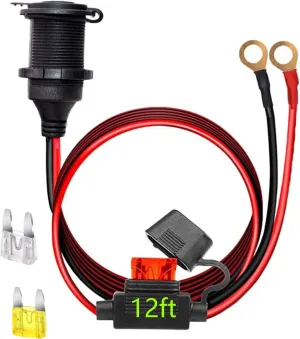 12V/24V Fixed Thread Cigarette Lighter Socket Extension Cable with Perforated Terminal Direct Battery Type car Adapter 2.5mm² 20A Heavy Duty Cable 12 FT（Free Two Blade fuses）