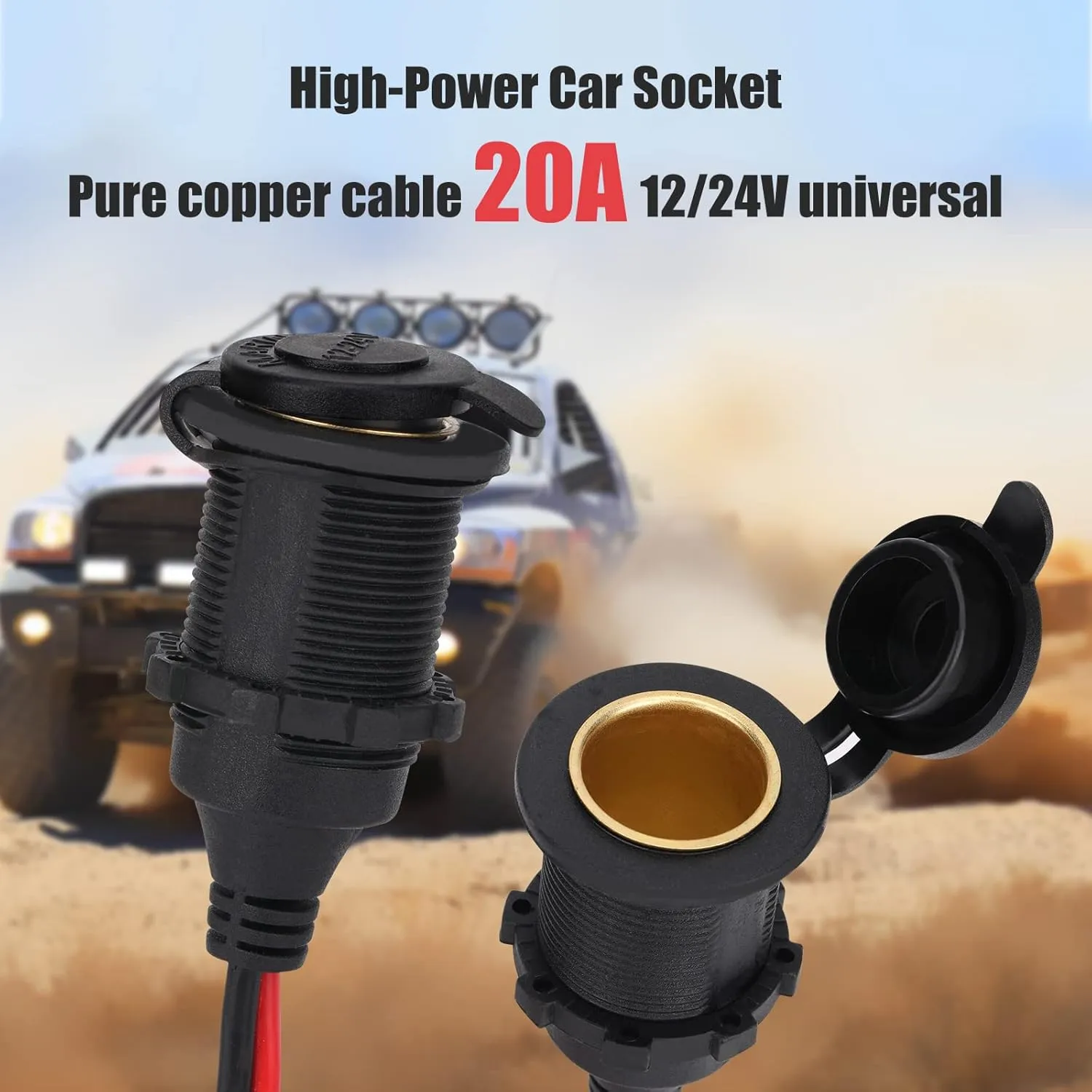 12V/24V Fixed Thread Cigarette Lighter Socket Extension Cable with Perforated Terminal Direct Battery Type car Adapter 2.5mm² 20A Heavy Duty Cable 12 FT（Free Two Blade fuses）