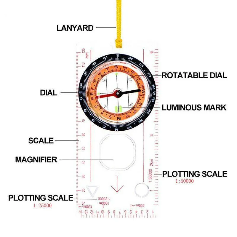 1/2X Orienteering Baseplate Compass Tactical Hiking Camping Tool