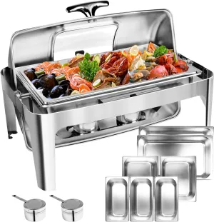 13 QT Roll Top Chafing Dish Buffet Set, Stainless Steel Food Warmer with Perspective Window for Parties, Birthday, Hotels and Weddings,1 Full&2 Half&3 Third Size Food Pan and 1 Water Pan