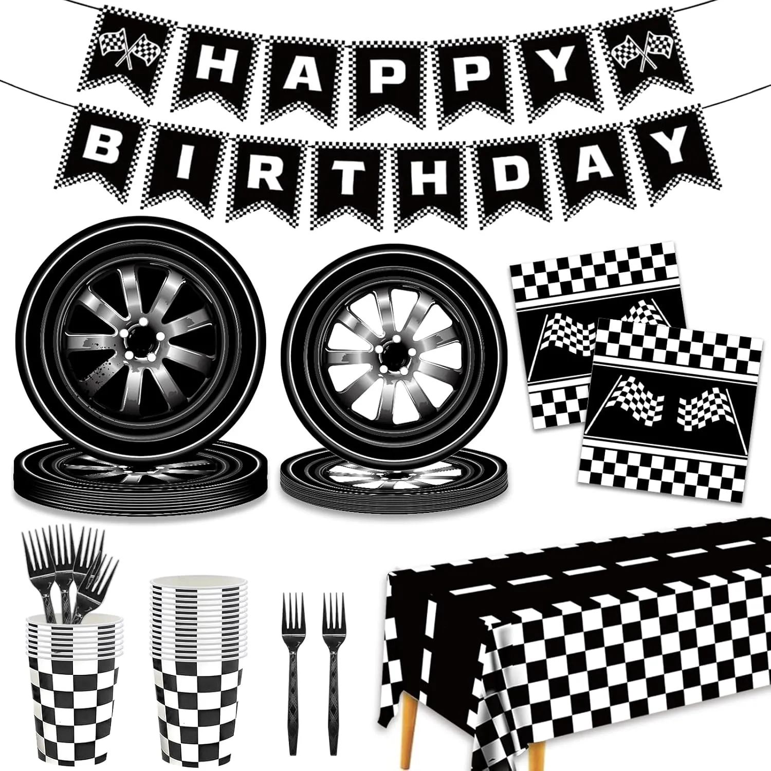 136 PCS Race Car Birthday Party Supplies Cars Birthday Decorations Tableware Set Racing Party Plates Napkins Forks for Kids Boys Serves 24