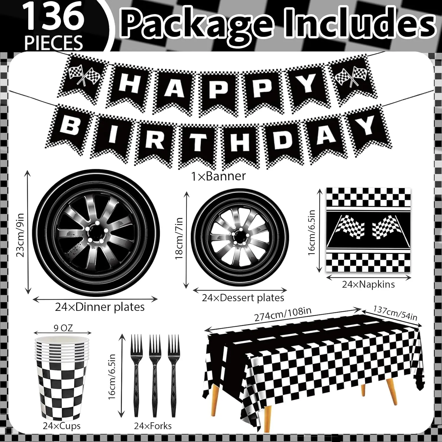 136 PCS Race Car Birthday Party Supplies Cars Birthday Decorations Tableware Set Racing Party Plates Napkins Forks for Kids Boys Serves 24