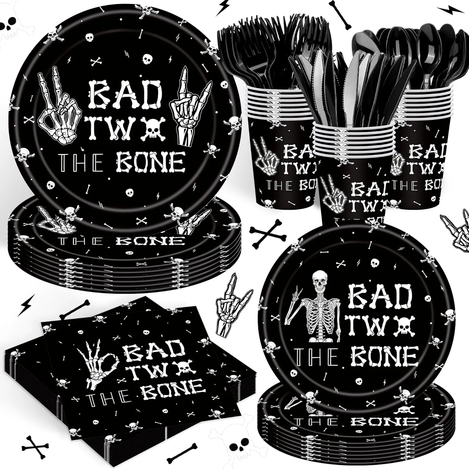 140PCS Bad Two The Bone Theme Party Decorations Boy Rock And Roll Birthday Tableware Include Plates,Napkins and Cups for Birthday Party Decorations