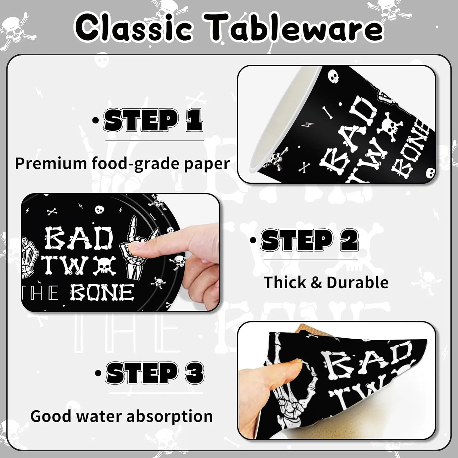 140PCS Bad Two The Bone Theme Party Decorations Boy Rock And Roll Birthday Tableware Include Plates,Napkins and Cups for Birthday Party Decorations