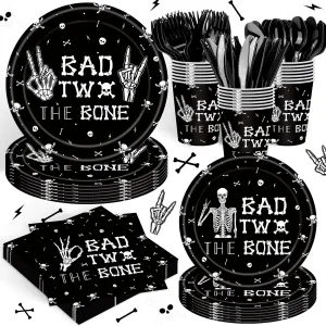 140PCS Bad Two The Bone Theme Party Decorations Boy Rock And Roll Birthday Tableware Include Plates,Napkins and Cups for Birthday Party Decorations