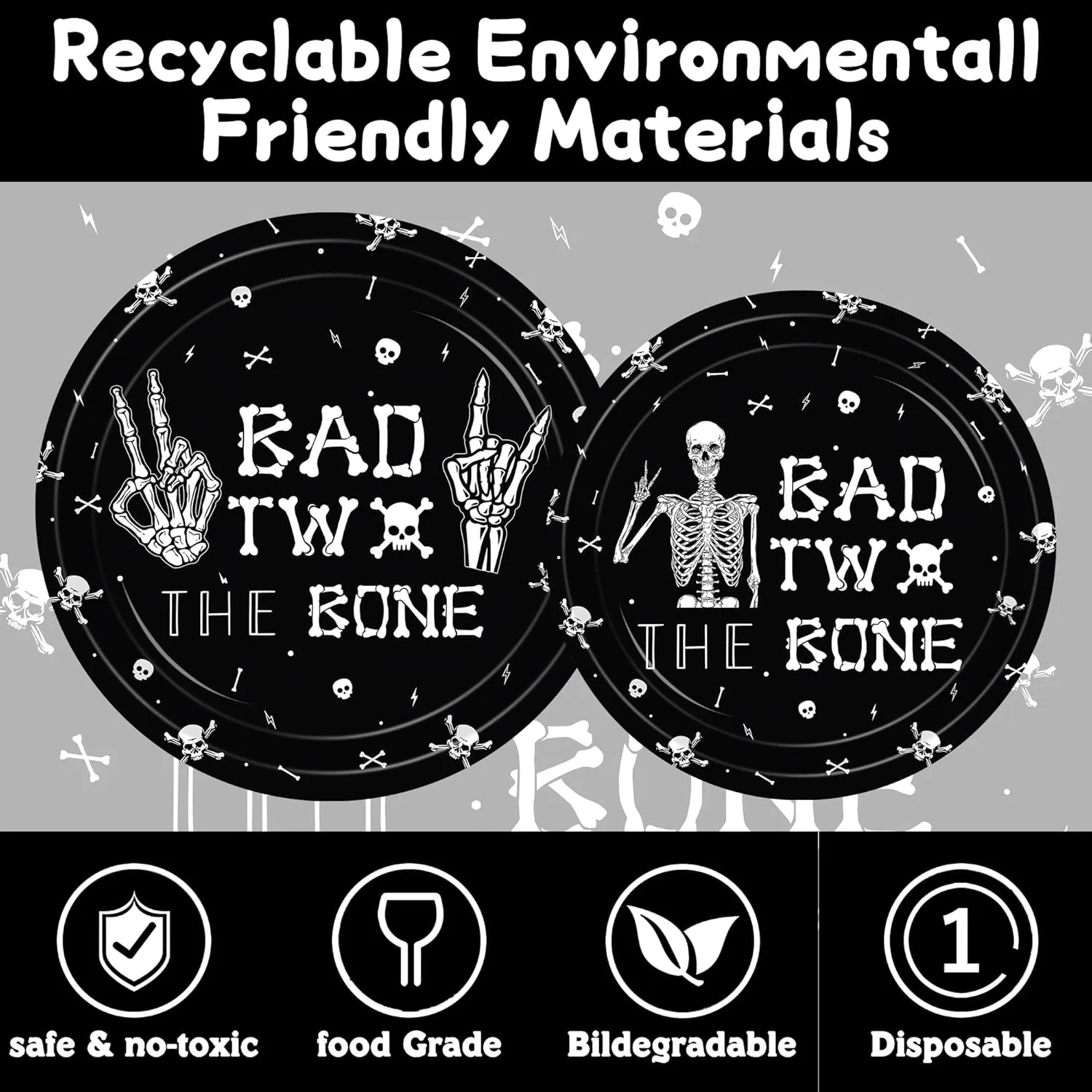 140PCS Bad Two The Bone Theme Party Decorations Boy Rock And Roll Birthday Tableware Include Plates,Napkins and Cups for Birthday Party Decorations