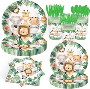 140Pcs, Jungle Animal Theme Party Tableware Set, Zoo Birthday Party Disposable Paper Plates and Napkins, Baby Baptist Party Decorations Dinner Plate for 20 people
