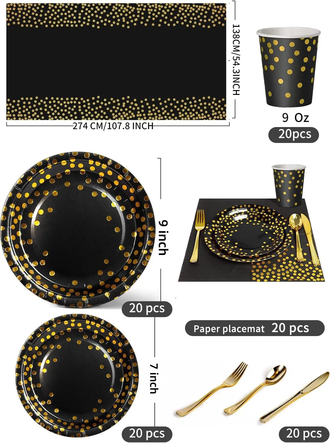 141 Pieces Black Gold Party Supplies, Party Dinnerware Sets Include Paper Plates Napkins Cups Silverware, for Wedding Bridal Shower Engagement Birthday Parties Decoration -20 Serves